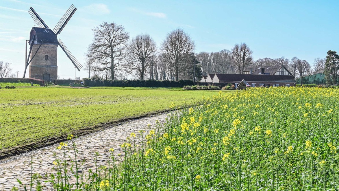 Pavés von Paris-Roubaix auf Höhe der Mühle Moulin de Vertain