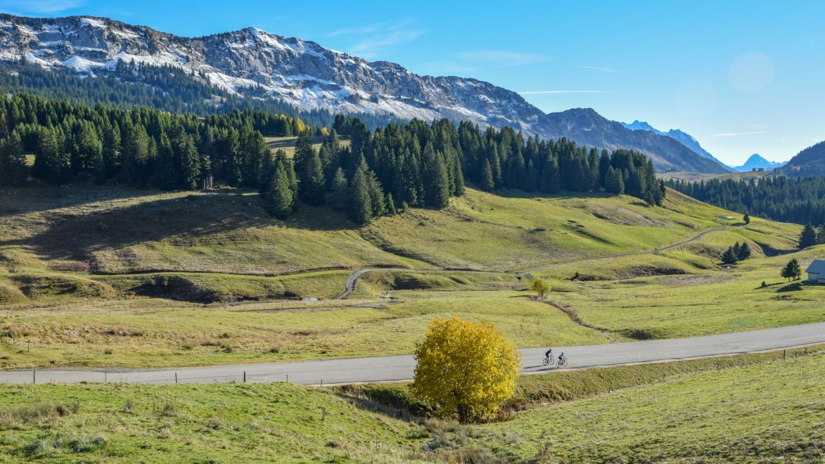 Zwei Rennradfahrer auf der Straße zum Plateau des Glières