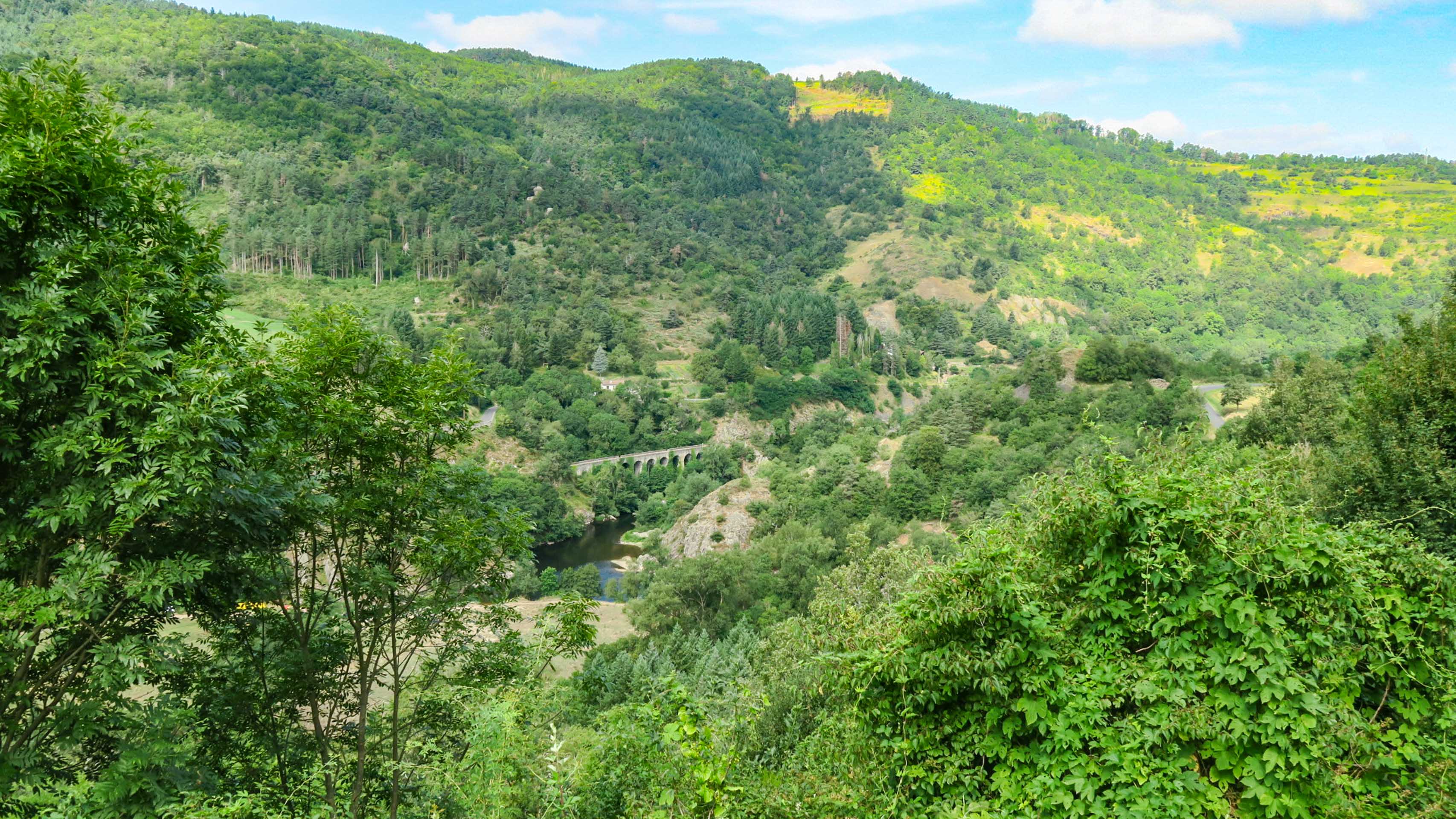 Ausblick auf die wilde Allier-Schlucht mit seinen Felsen und einem Viadukt der historischen Bahnlinie.