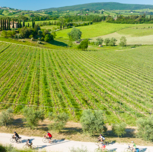 Gravel-Radfahrer auf einer kleinen Straße in der Toskana, Italien